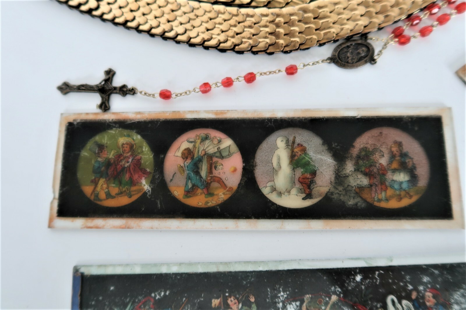 Junk Drawer Lot Belt, Rosary, Slides, Fan, Seth Thomas Clock, Vtg Ad Tins & More