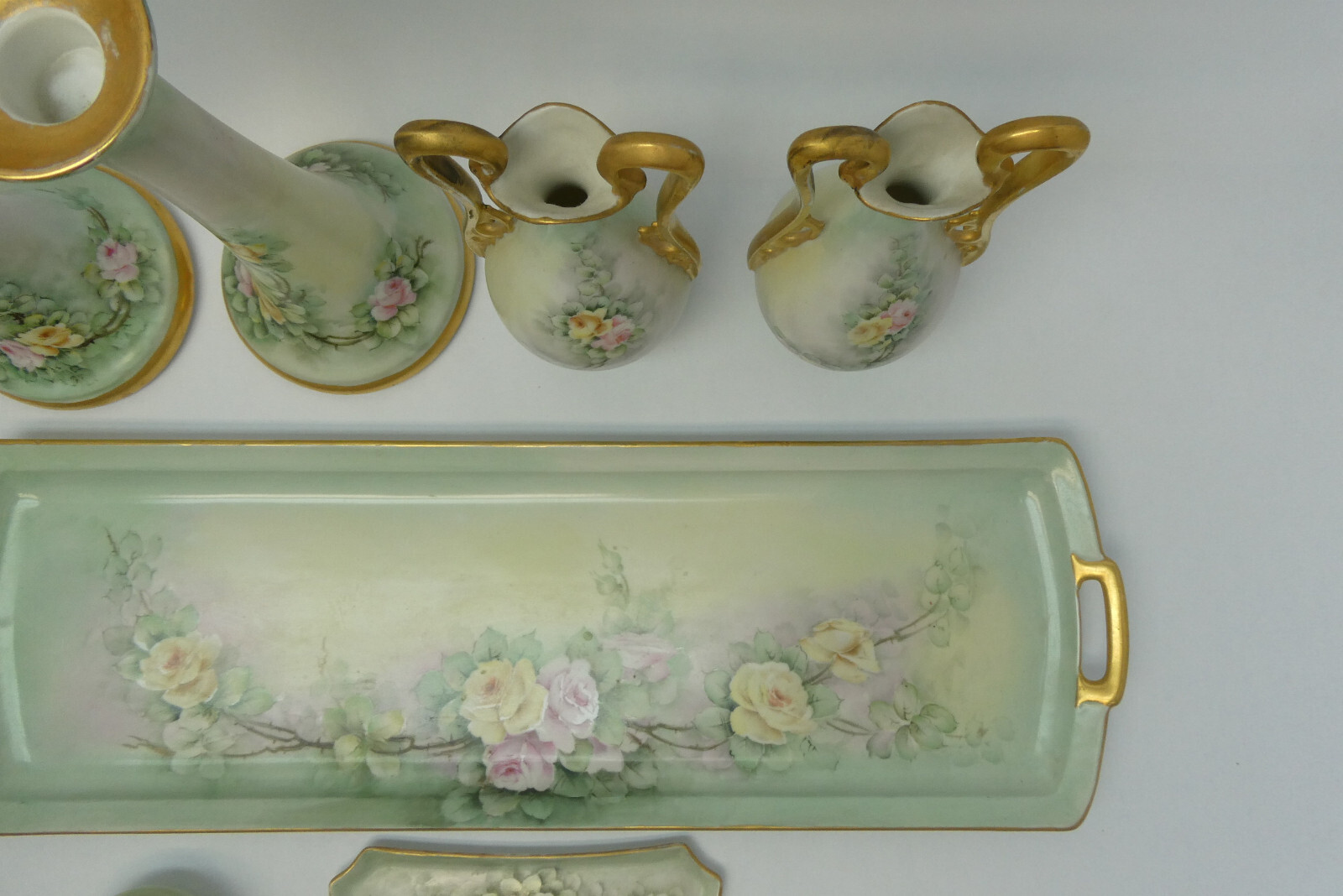 Ceramic Green Gold Apple Blossom Floral Pattern Tray Bud Vases Candle Holders
