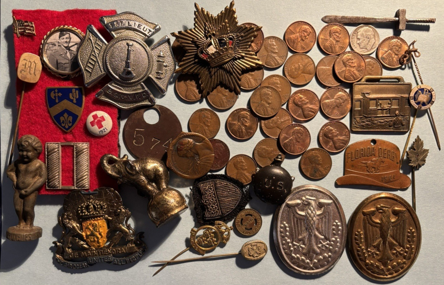 OLD ADVERTISING FOB FIRE BADGE SOCIETY TOKEN LINCOLN COINS MILITARY METAL ITEMS