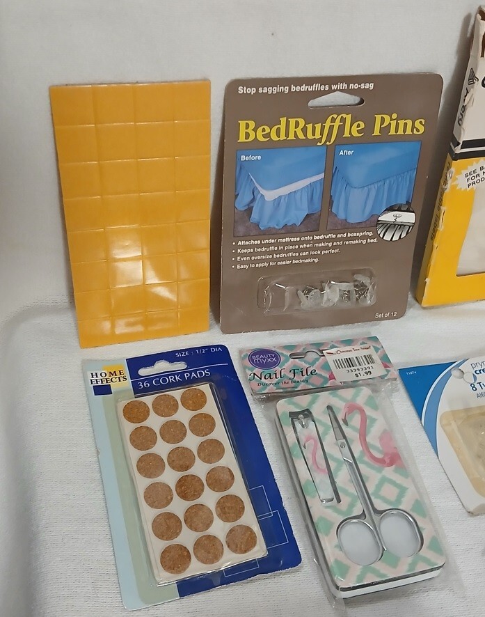 Junk Drawer Lot Empty Coin Roll Labels Pins New Nail Kit Paper Cutter Plus Plus