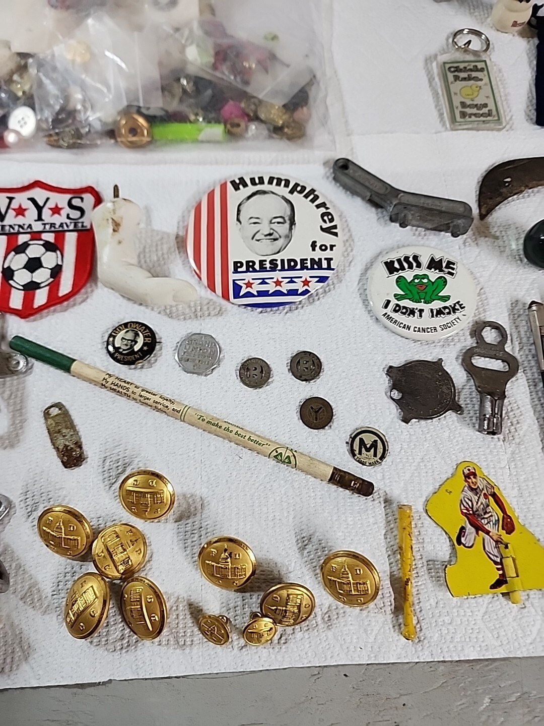 Junk Drawer Lot: Kodak Six 20 Camera Knives DC FD Buttons Fare Tokens Marble Pin