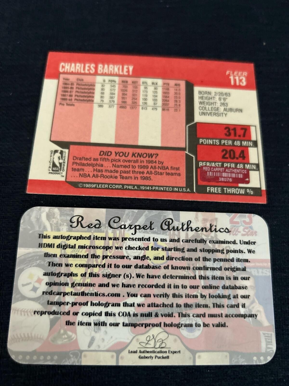 Charles Barkley Signed Autographed 1989 Fleer Philadelphia 76ers Card COA
