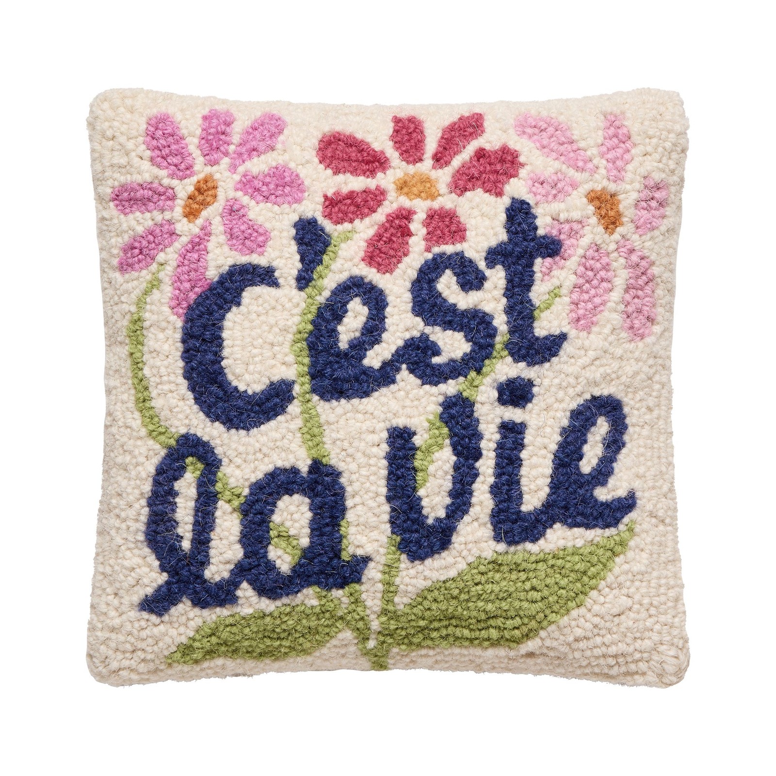 Peking Handicraft C’est La Vie Hooked Throw Pillow 10in Ivory Blue Pink Green