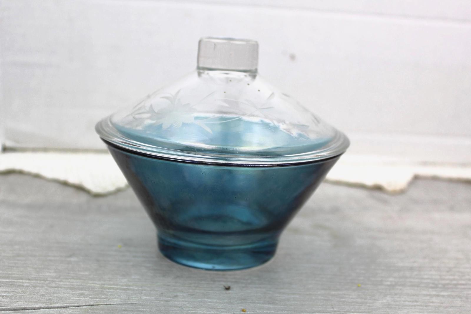MCM Bowl Blue Glass Candy Nut Clear Etched Lid Pedestal Base