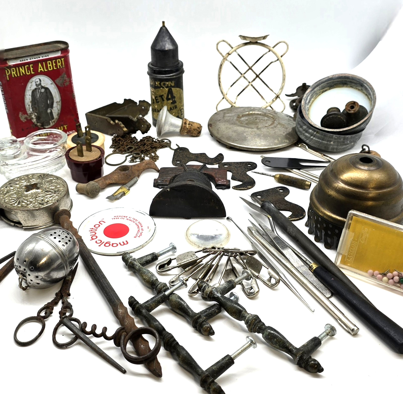 Vtg Junk Drawer Lot 4 lb Vtg Metals Glass Empty Containers Rust Random