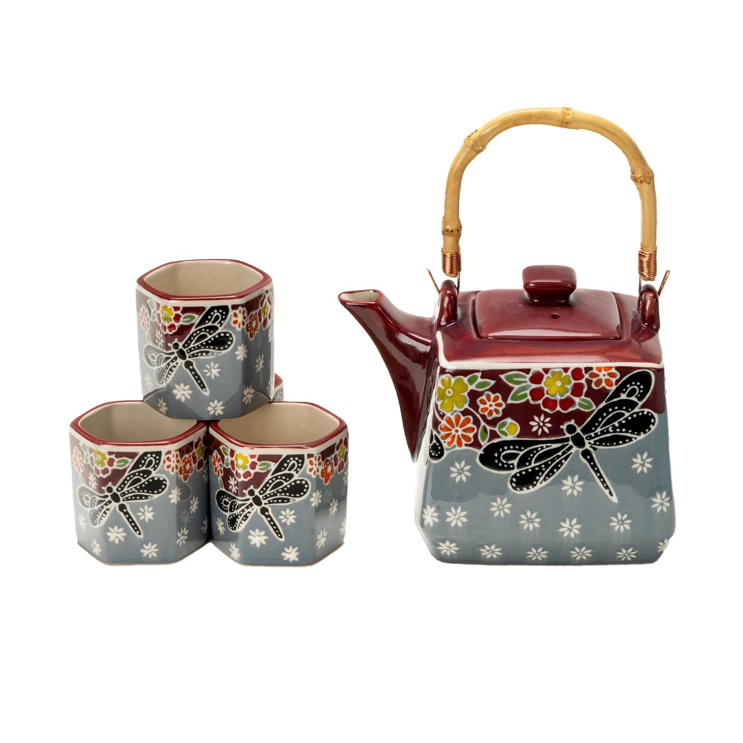 Urban Tokyo Japanese Cube Teapot Set 20oz Porcelain 4 Cups Dragonfly Design