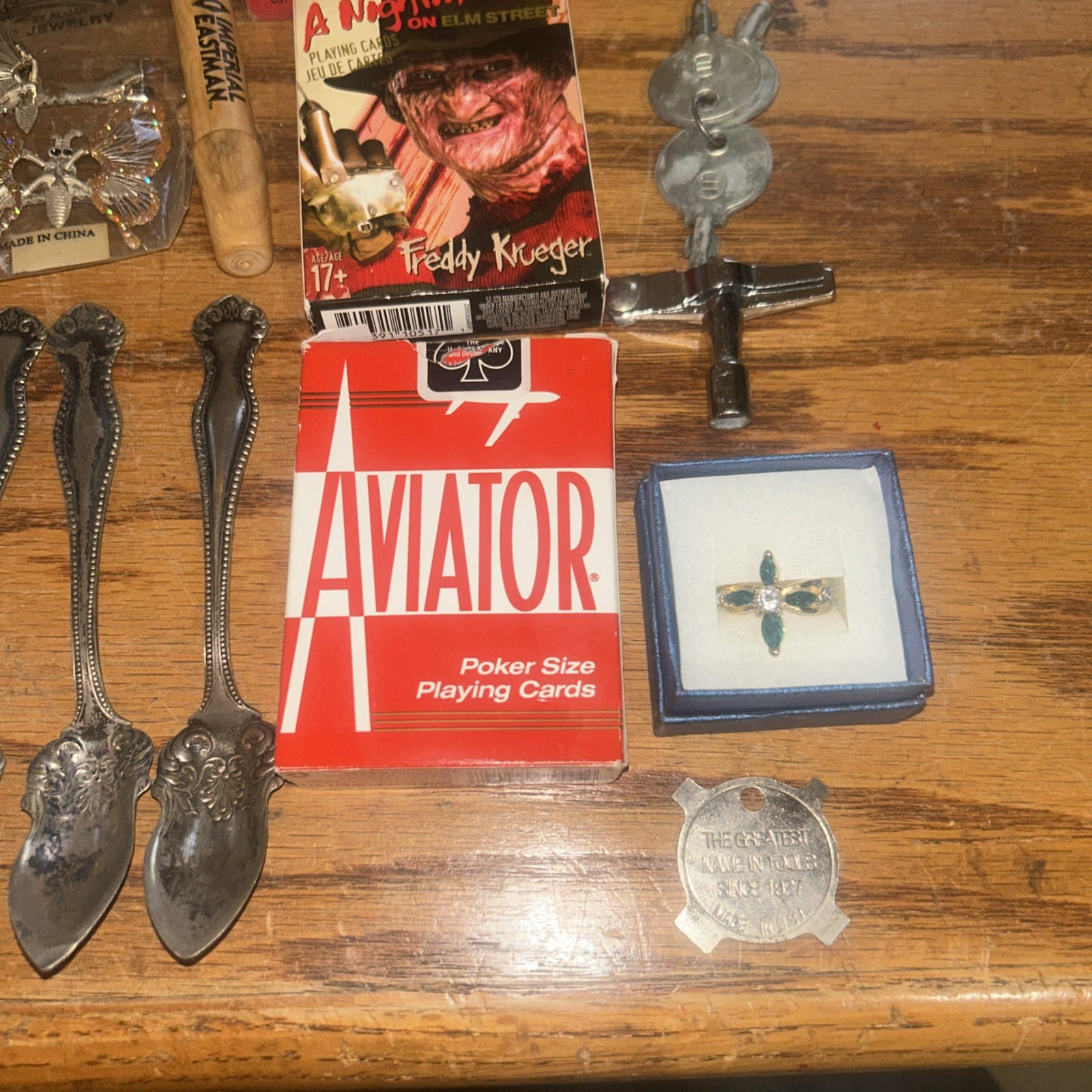 Vintage Junk Drawer Mixed Lot Stuff Jewelry Spoons Cards Umpire