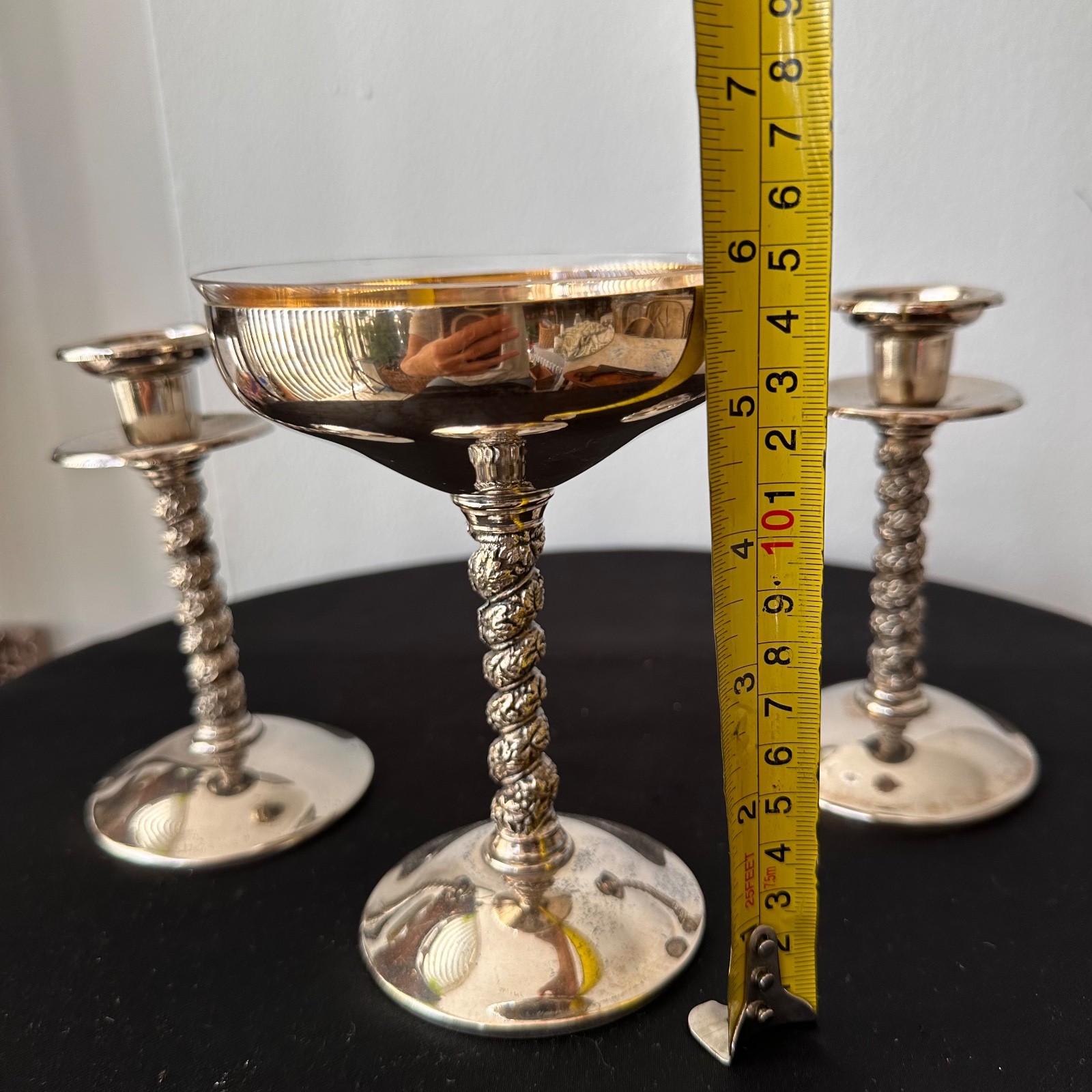 Vintage Silver Plate Spanish Champagne Saucer Glass Insert and 2 candleholders