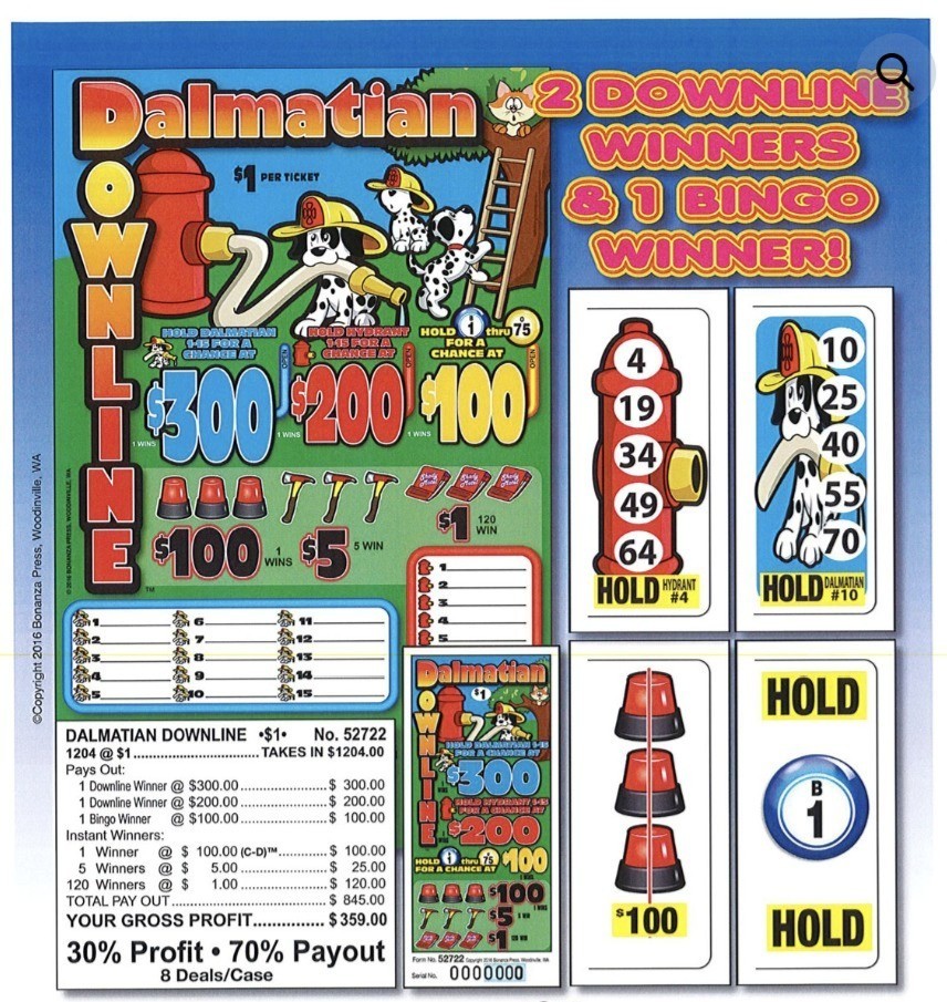 Pull Tab Ticket – Hard Card – Game – Dalmatian Downline – 1,204 ct