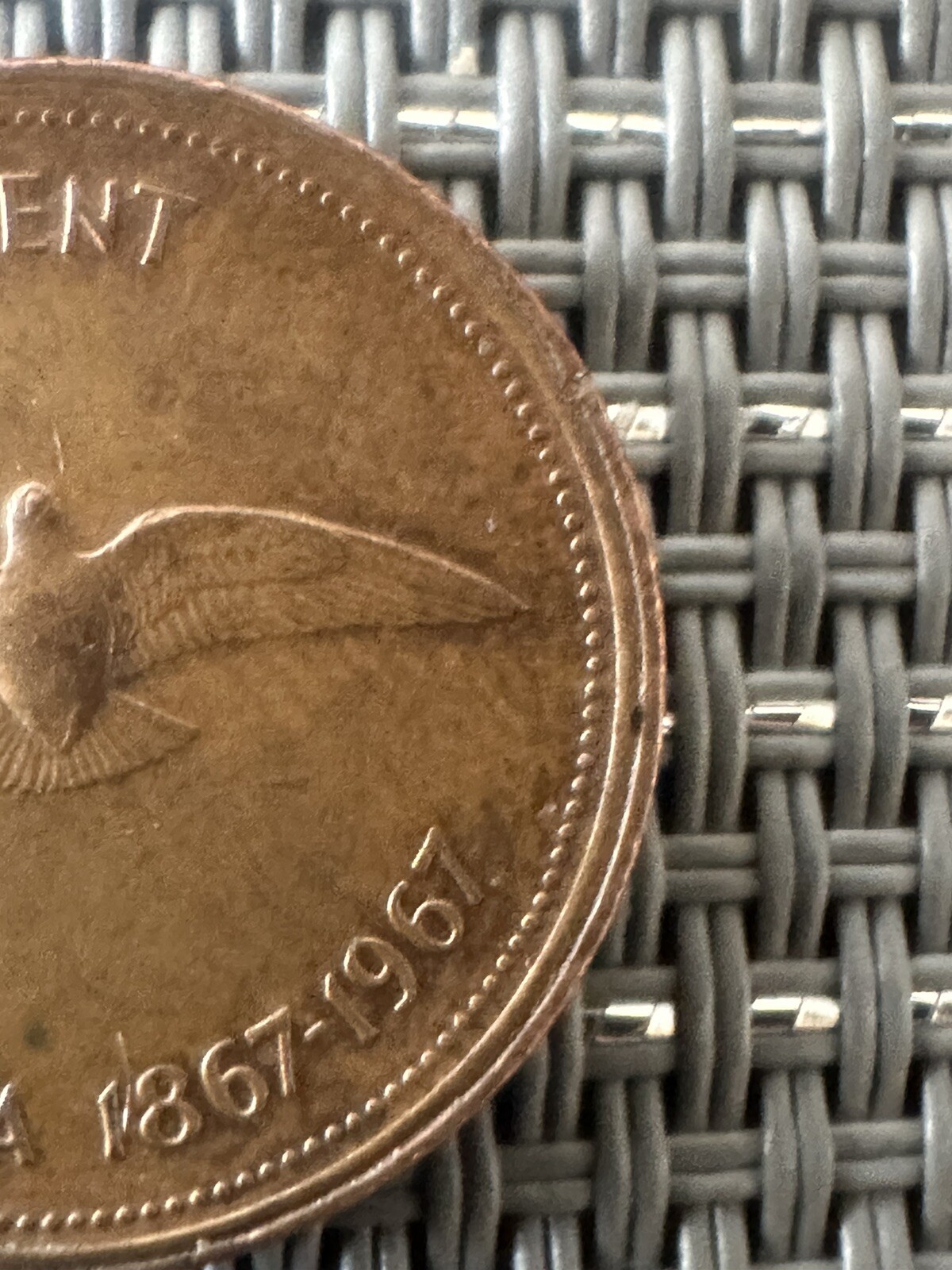 1867-1967 1 Cent Dove Penny, Partial Double Edge, D/D Printing Error. SUPER RARE