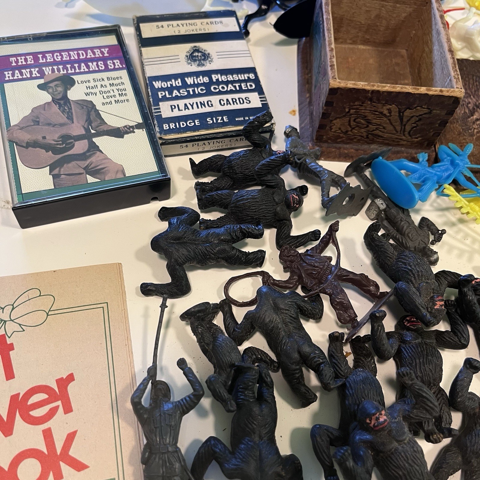 VTG Junk Drawer Lot Ephemera Postcards Man Cave Pins Tape Toys Can Gorillas