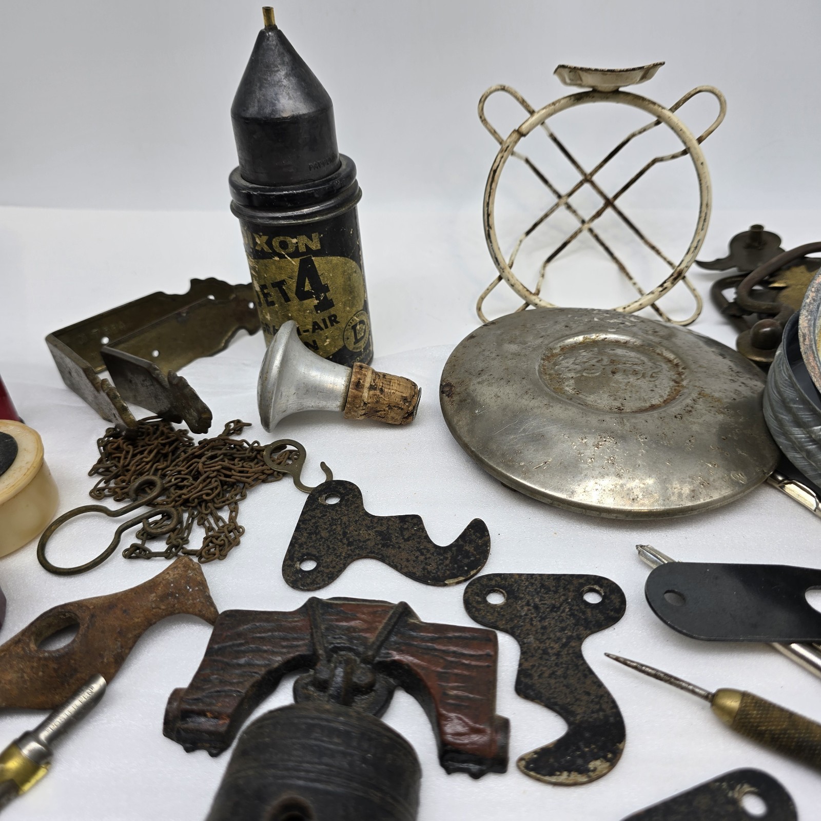 Vtg Junk Drawer Lot 4 lb Vtg Metals Glass Empty Containers Rust Random