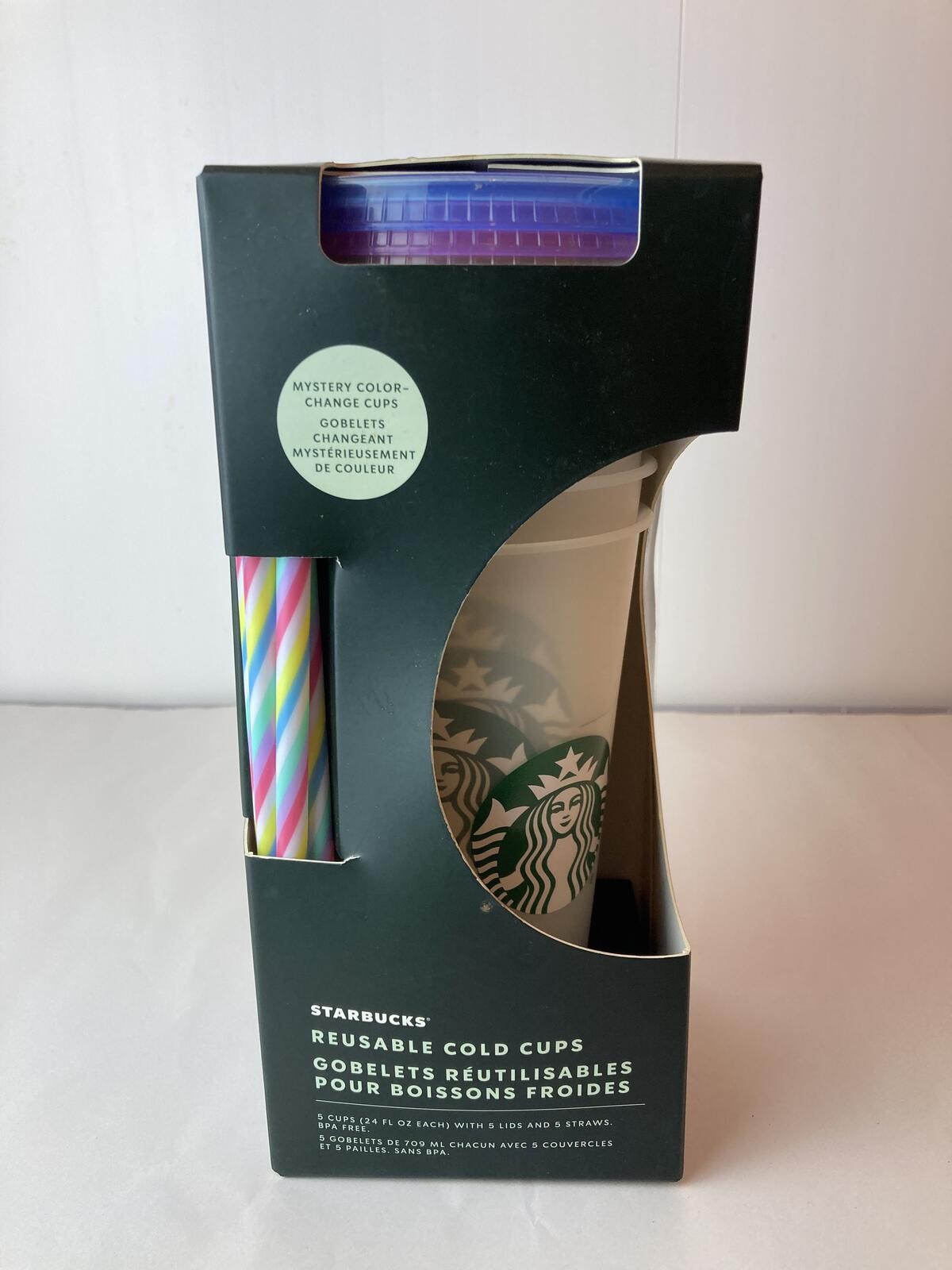 Starbucks Reusable Color-Changing Cold Cups 5-Pack Lids Straws 24 oz