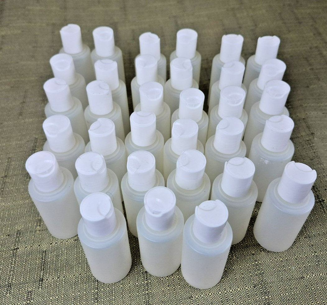 Junk Drawer Lot of 33 New Plastic Jar with Disc Top Caps, Travel Bottles