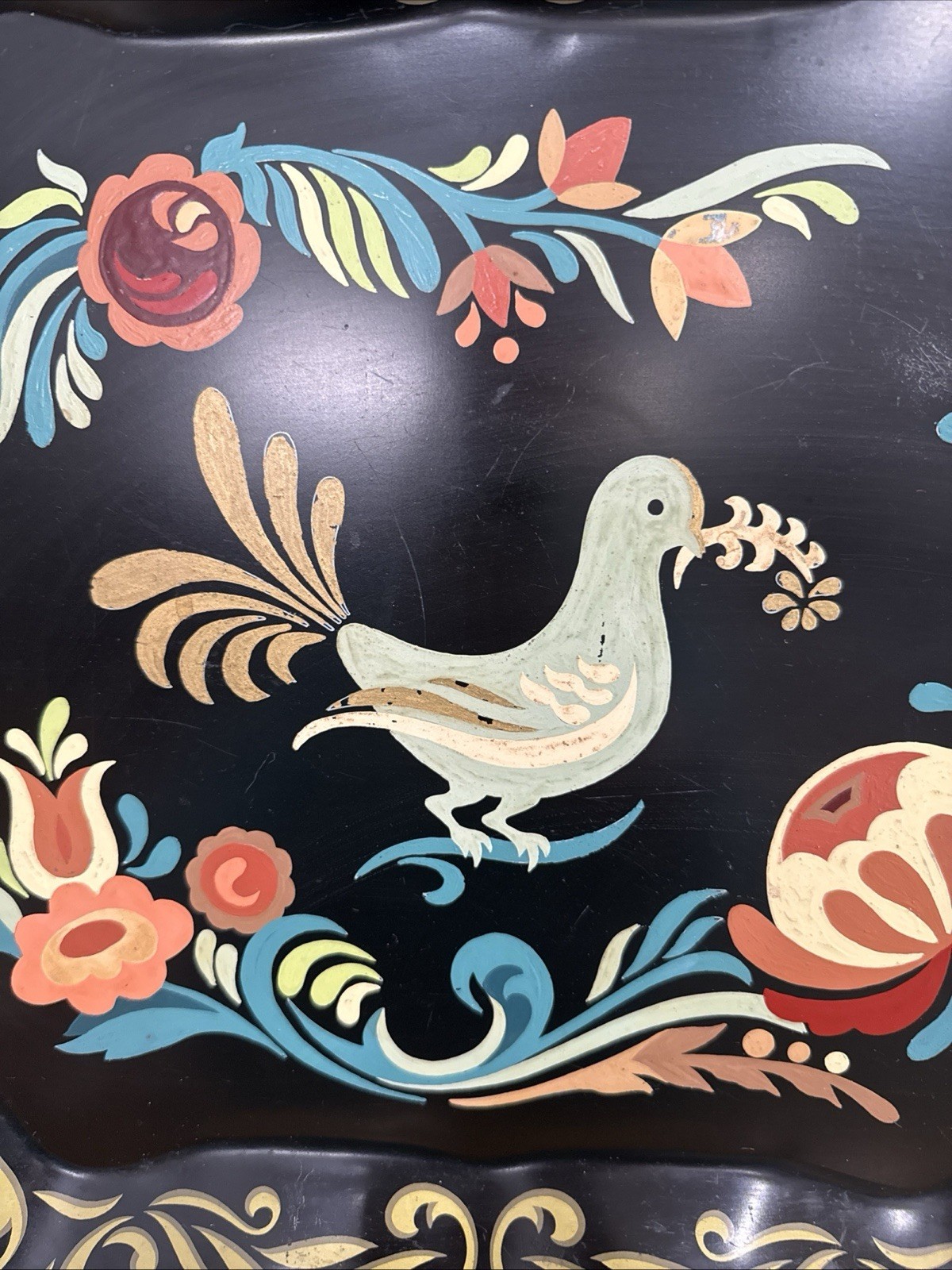 VTG Hand Painted Folk Art Toleware Large 19” Serving Tray Bird Floral Primitive