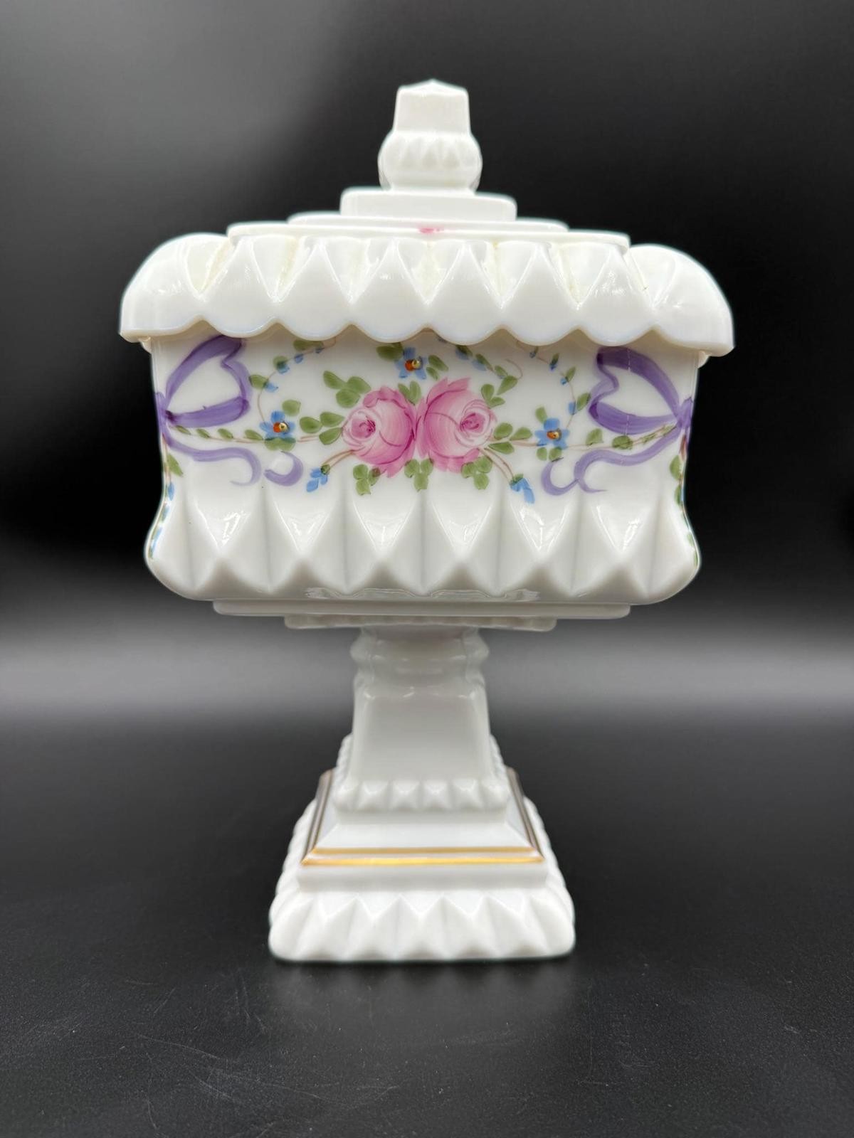 Westmoreland Milk Glass Roses and Bows Covered Compote Hand Painted 1978