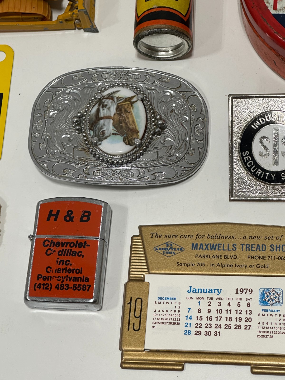 Vtg Advertising junk drawer lot lighters tins buckle badge zippo collectible