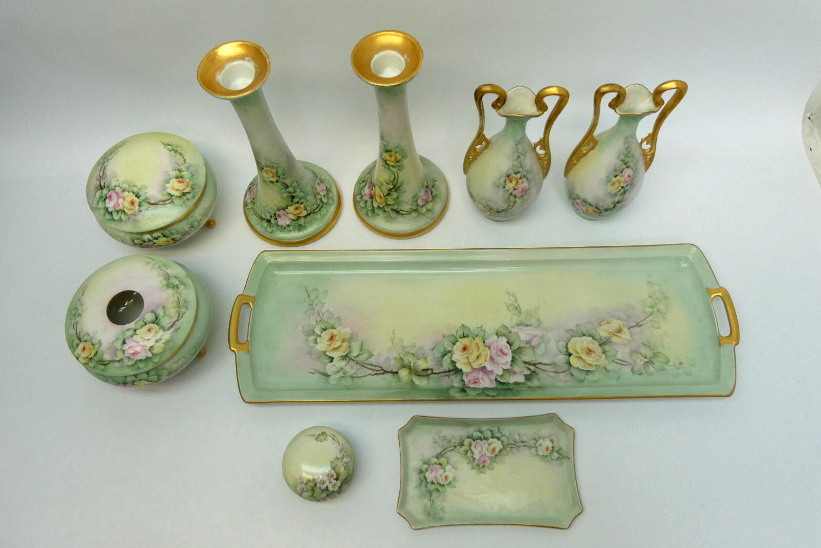 Ceramic Green Gold Apple Blossom Floral Pattern Tray Bud Vases Candle Holders