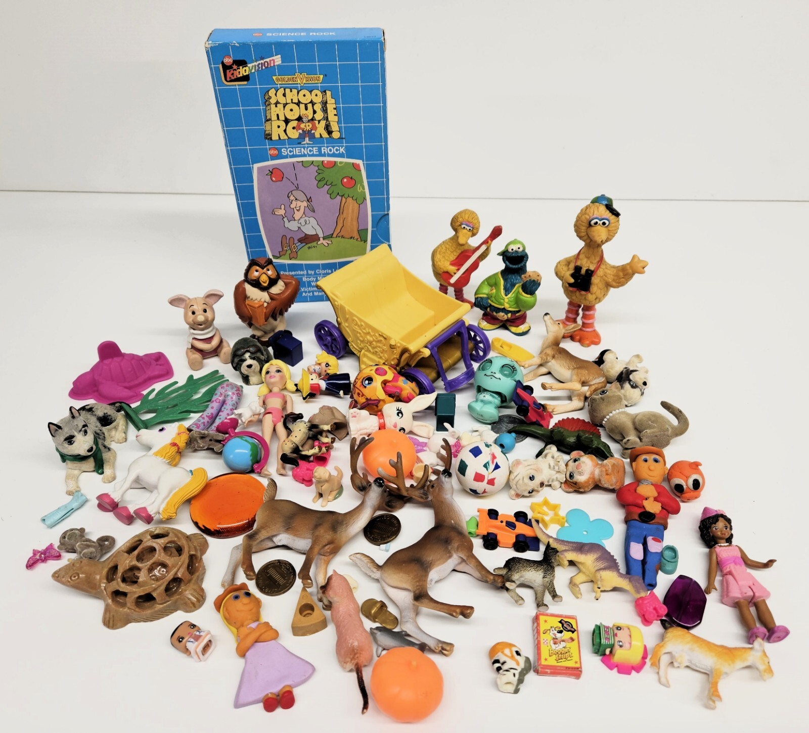 Junk Drawer Toy Lot- Vintage Sesame Street PVC, School House Rocks VHS, Disney!
