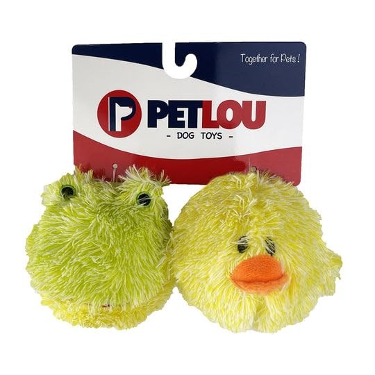 Pet Lou EZ Squeaky Ball Twin Pack 4″ Plush Pet Toys, Chick & Frog, Yellow