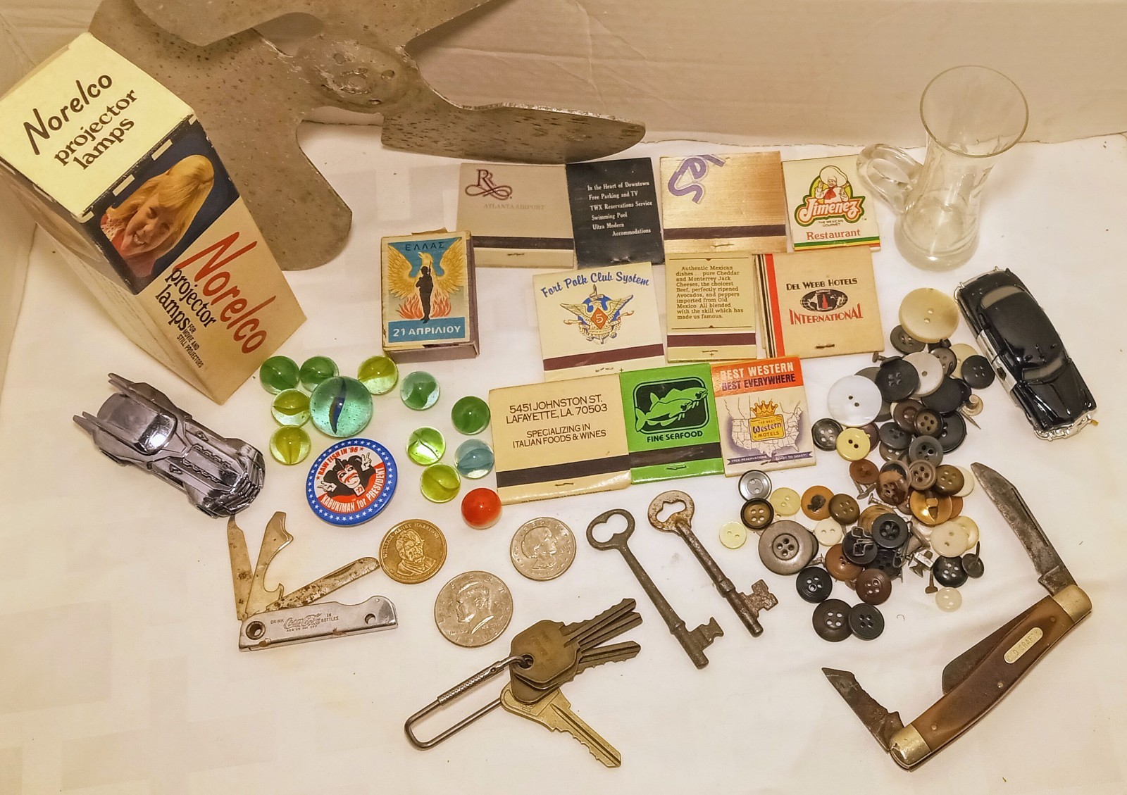 50++ Items Vintage Junk Drawer Lot Skeleton Key Marbles Old Knife USA COINS