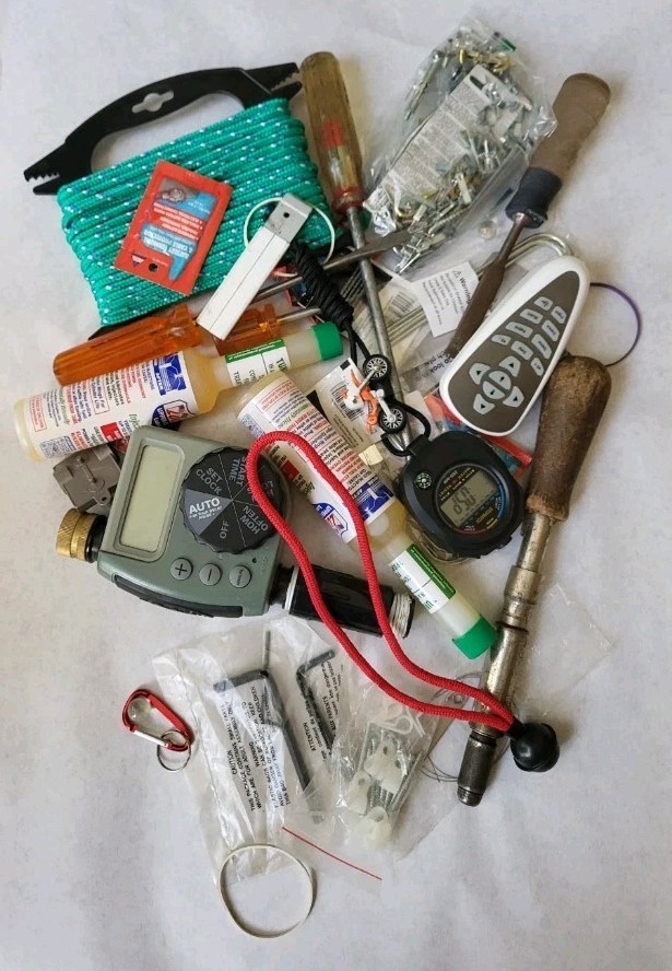 Grandpa’s Estate Junk Drawer Lot Collectibles Vintage Tools Fish Hook Rope Auto