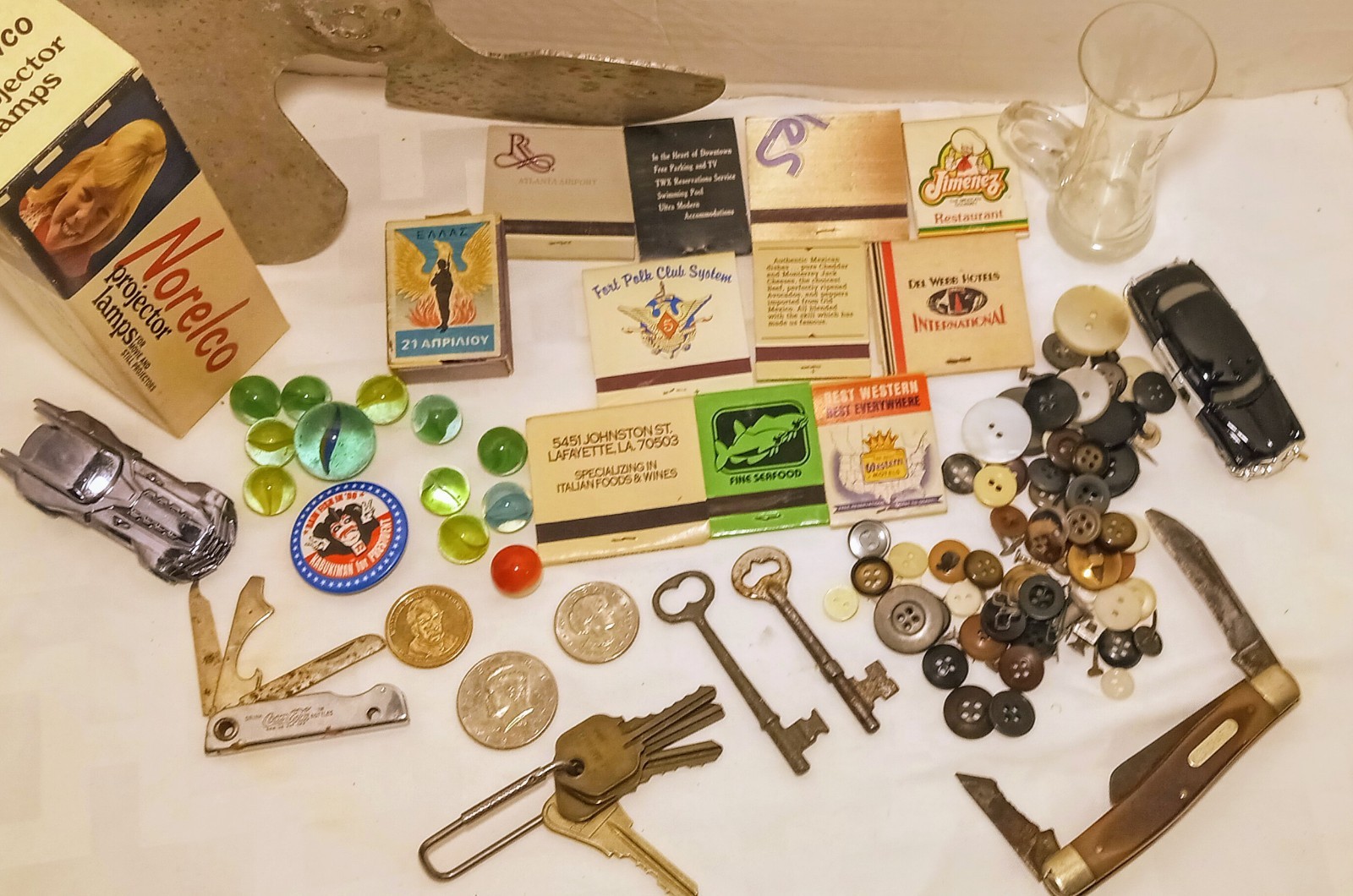 50++ Items Vintage Junk Drawer Lot Skeleton Key Marbles Old Knife USA COINS