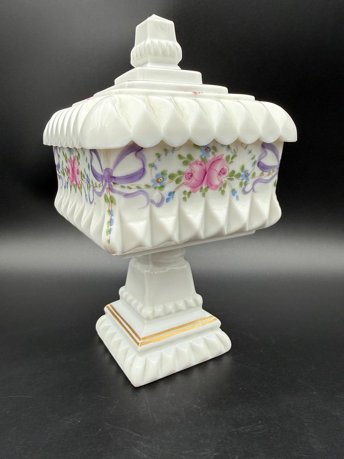 Westmoreland Milk Glass Roses and Bows Covered Compote Hand Painted 1978