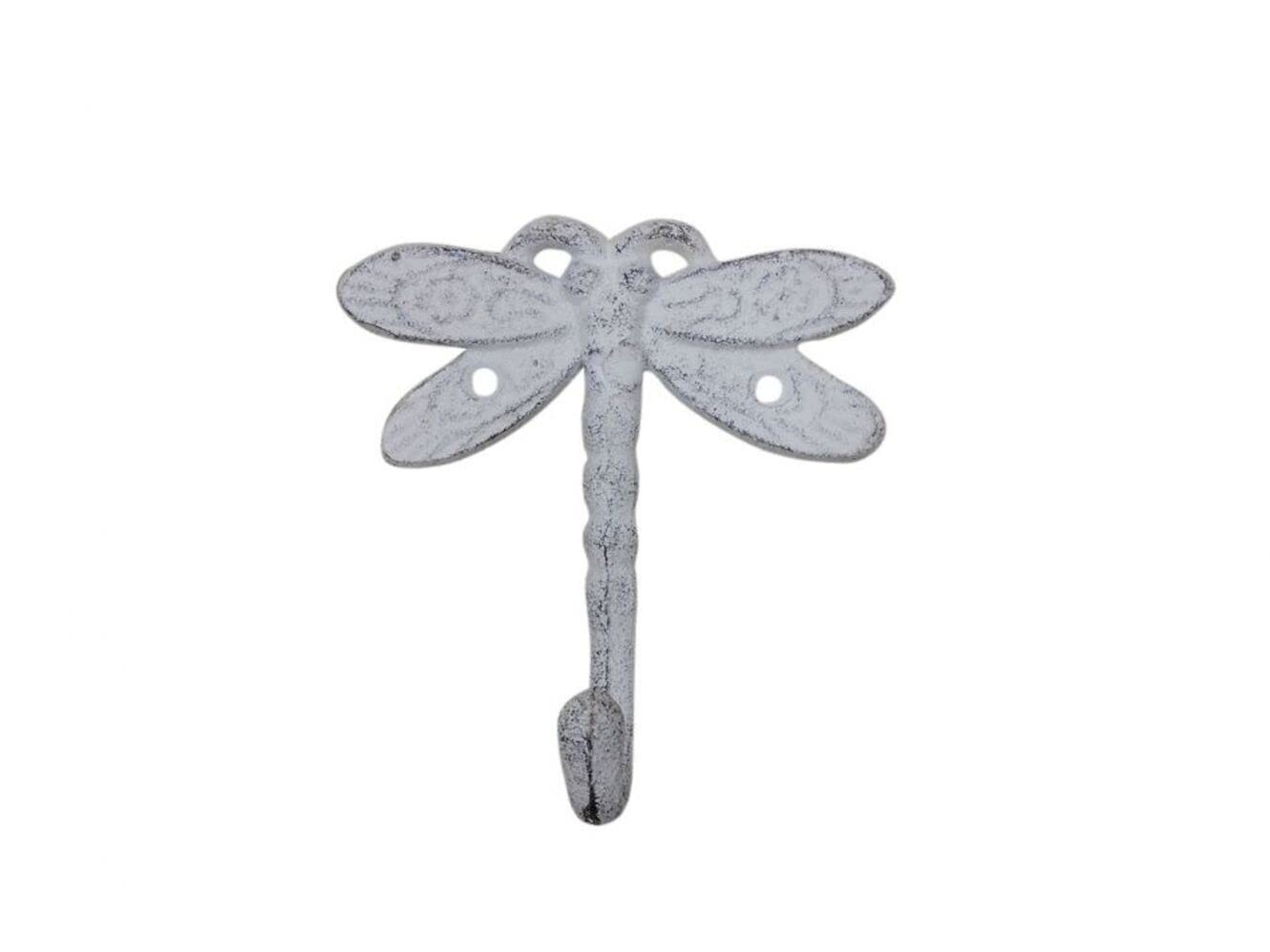 Handcrafted Nautical Decor Whitewashed Cast Iron Dragonfly Wall Hook 5″