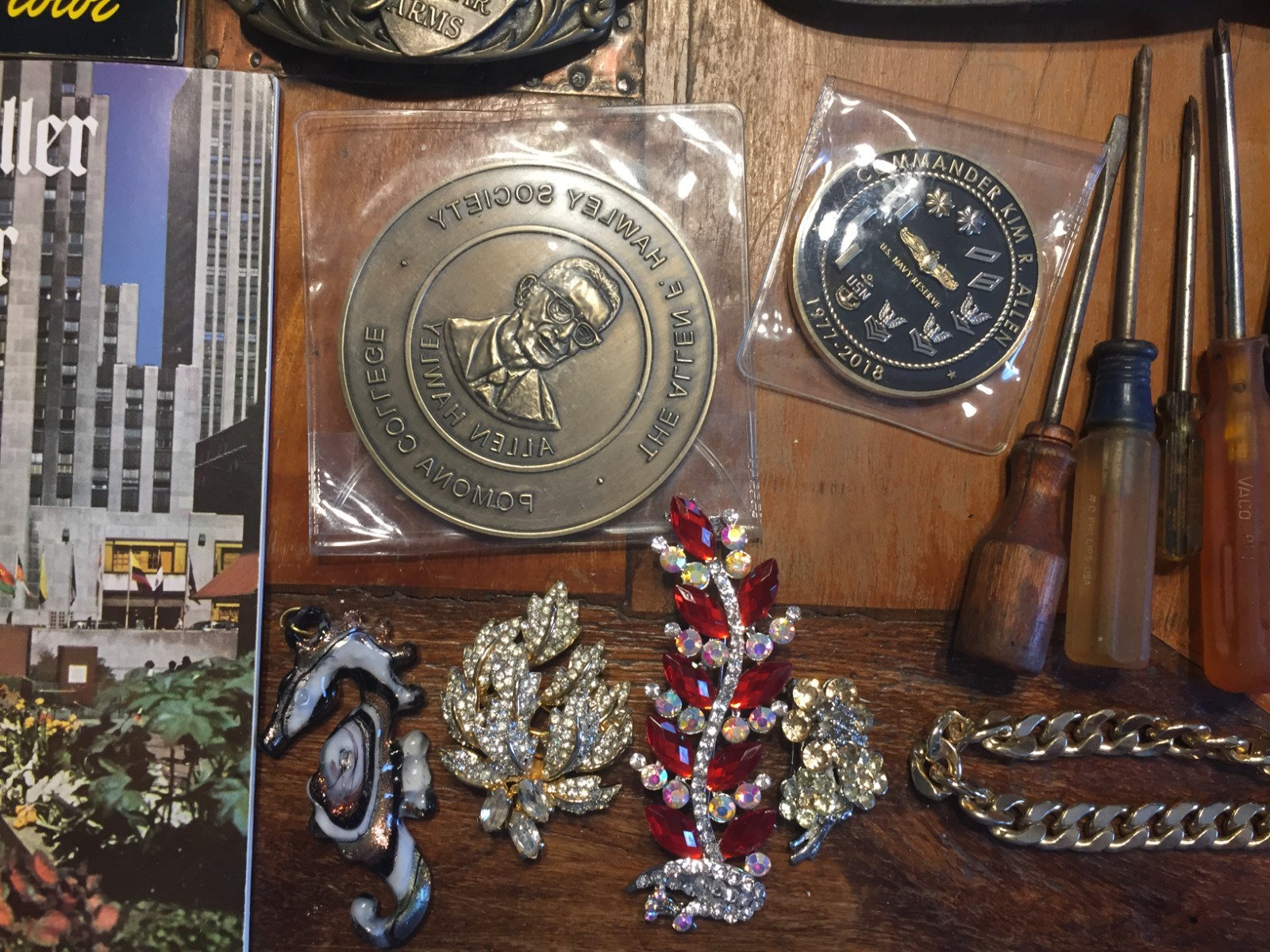 Junk Drawer Lot 35 Items,Vtg,1950s Vacation Brochures,Jewelry,Buckle,Trinkets
