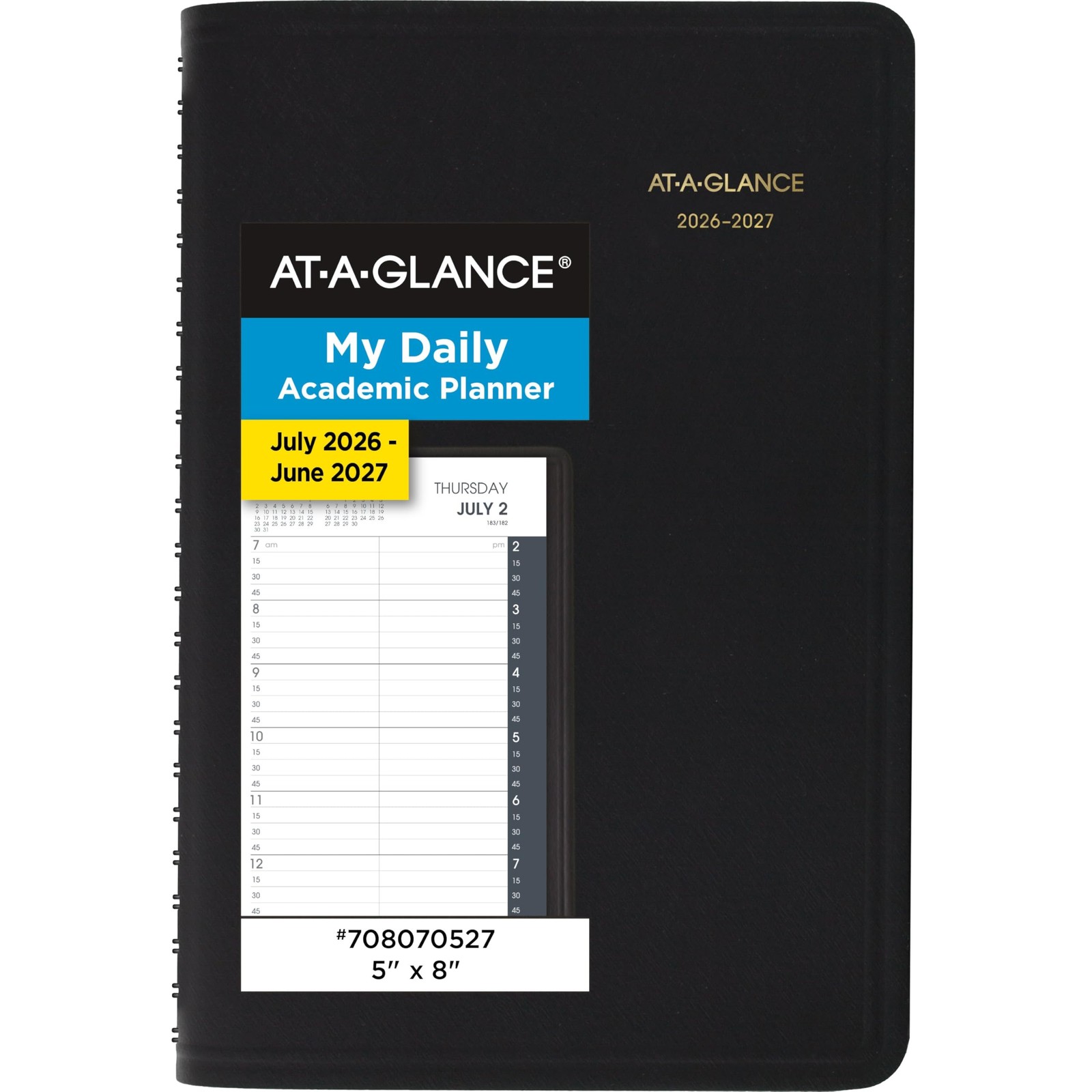 AT-A-GLANCE 2026-2027 Daily Academic Planner 5×8 Black Quarter Hourly