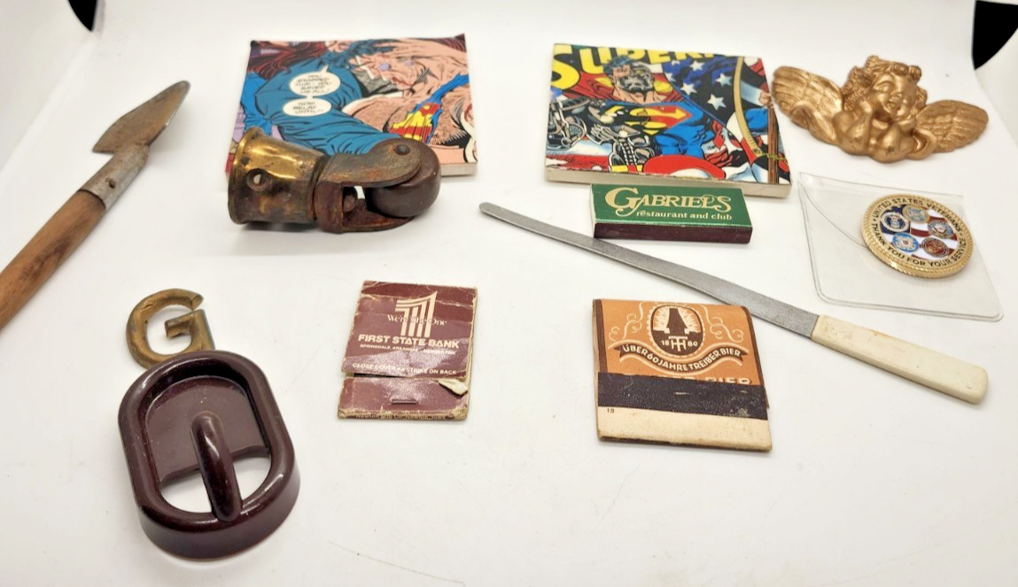 Vintage Miscellaneous Junk Drawer Lot Brass Metal Caster Matchbooks coasters