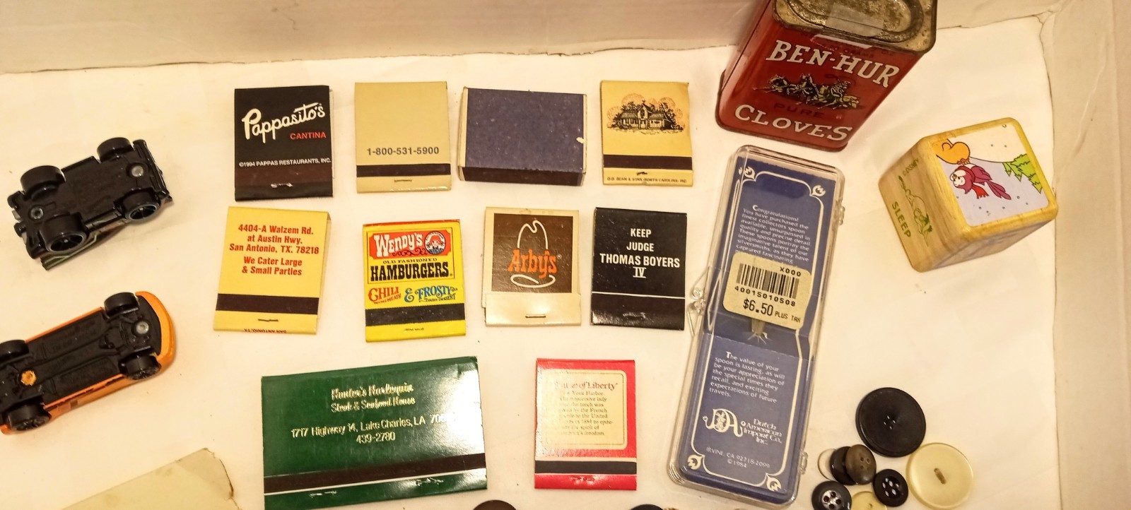 40+ Vintage Junk Drawer Lot Vintage Matches, 1914 German Card, Old Buttons Plus+