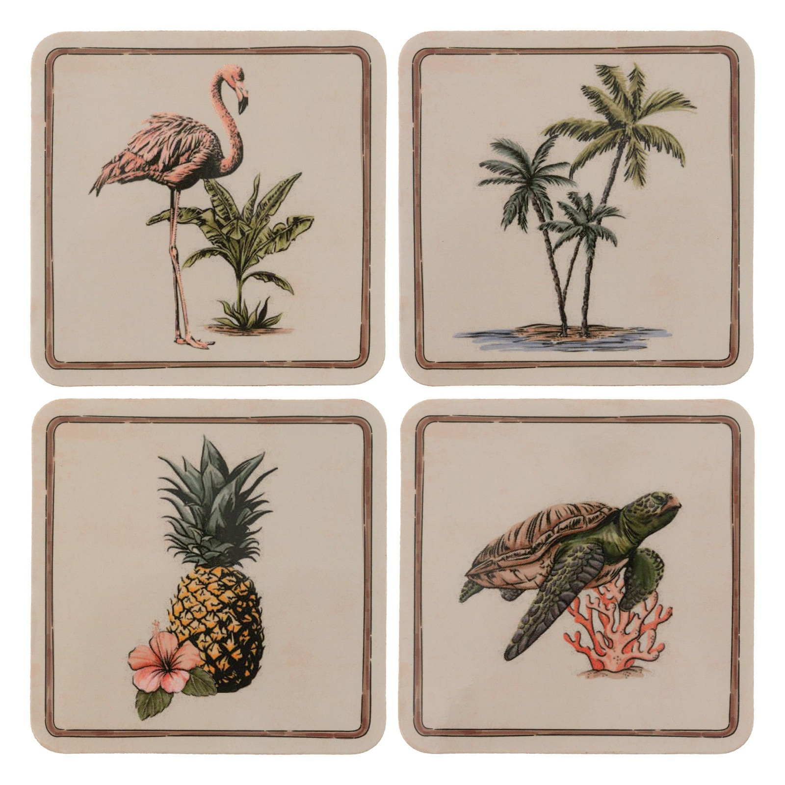 Karma Palm Tree Cork Drink Coasters, Set of 4 Square Table Coasters, Aloha
