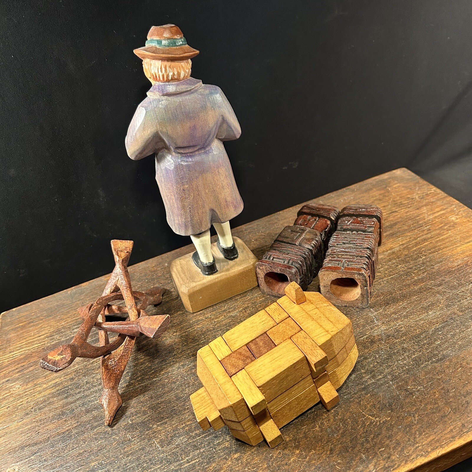Vintage Junk Drawer Lot Trivet Man Statue Carved Wood Shakers Pig Puzzle