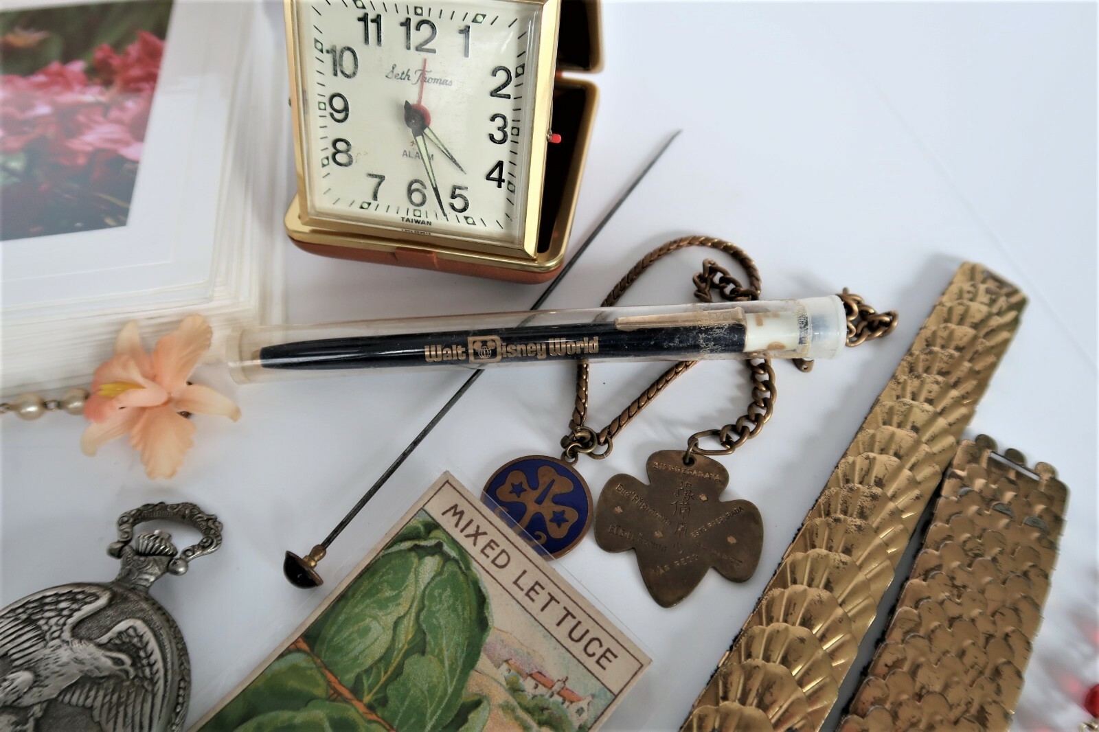 Junk Drawer Lot Belt, Rosary, Slides, Fan, Seth Thomas Clock, Vtg Ad Tins & More