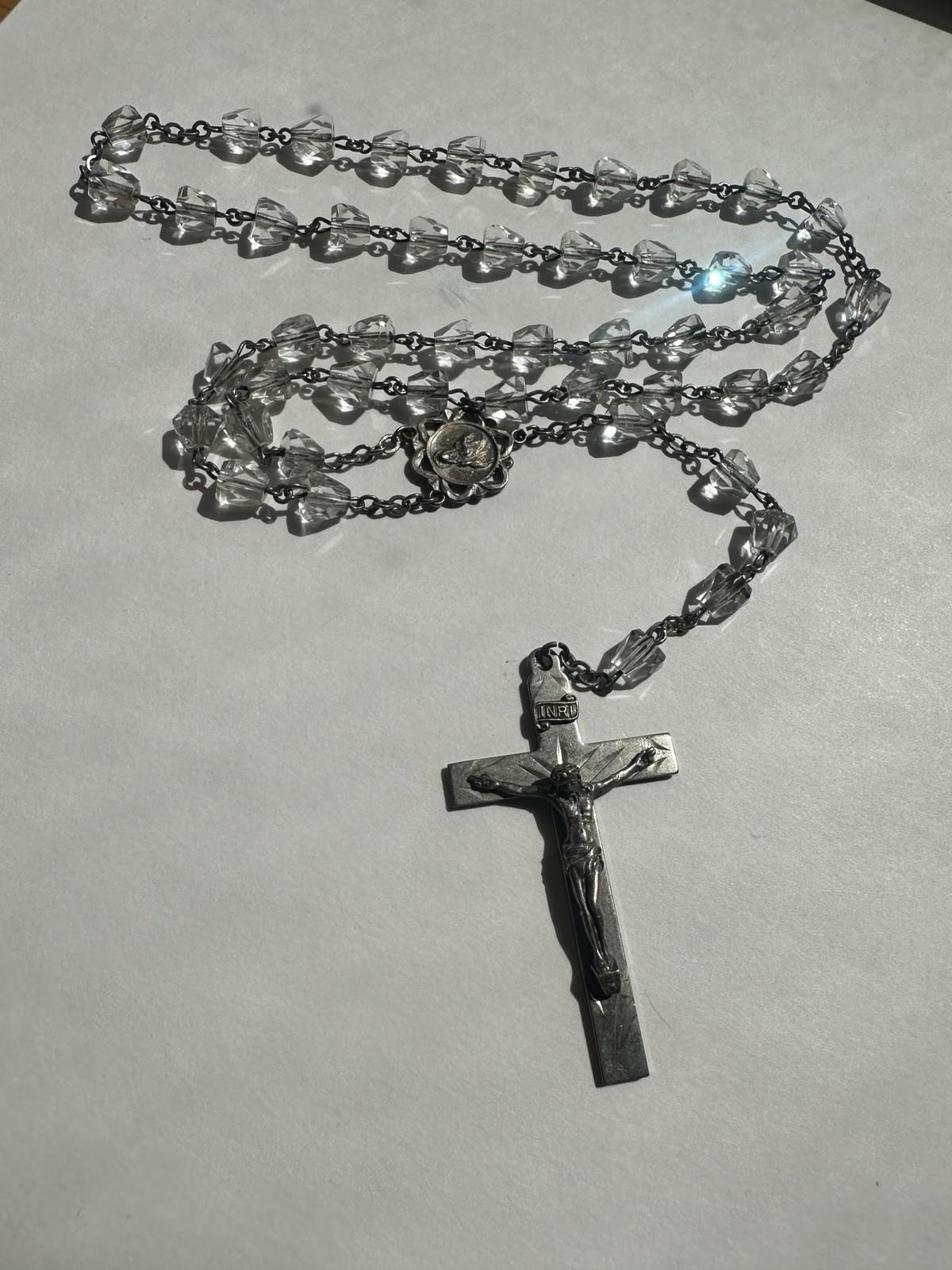 Vintage Sterling Silver Crucifix Clear Faceted Tear Drop Crystal Bead Rosary 19”