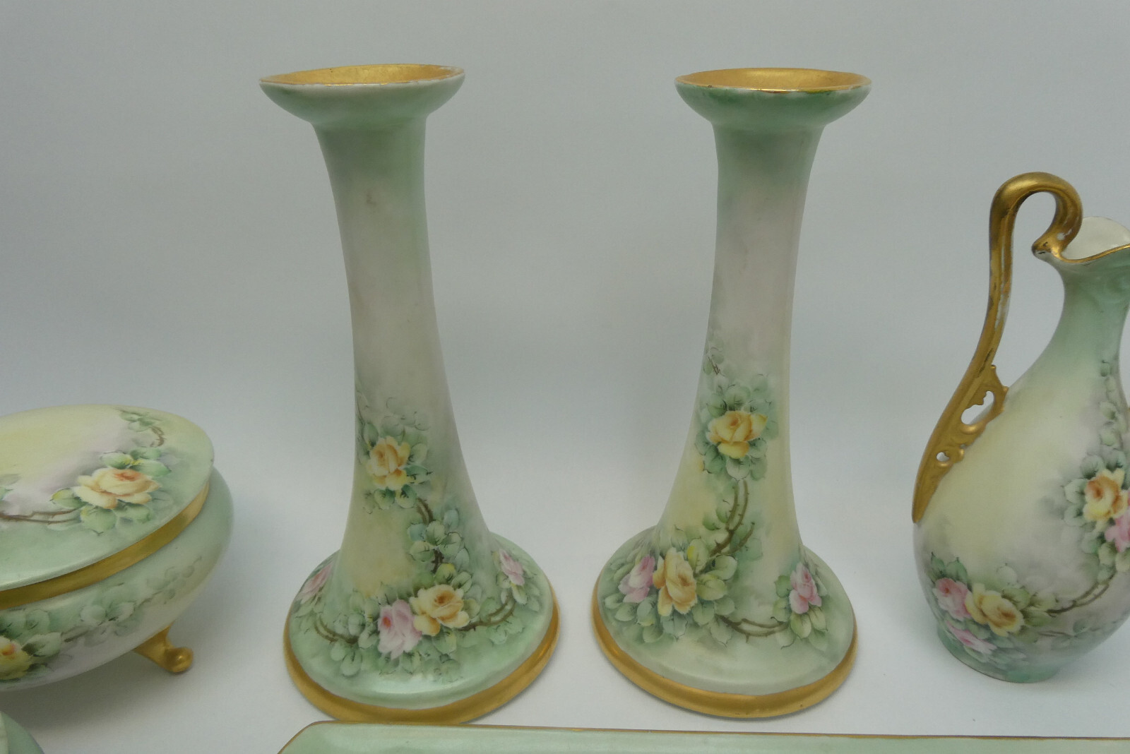 Ceramic Green Gold Apple Blossom Floral Pattern Tray Bud Vases Candle Holders