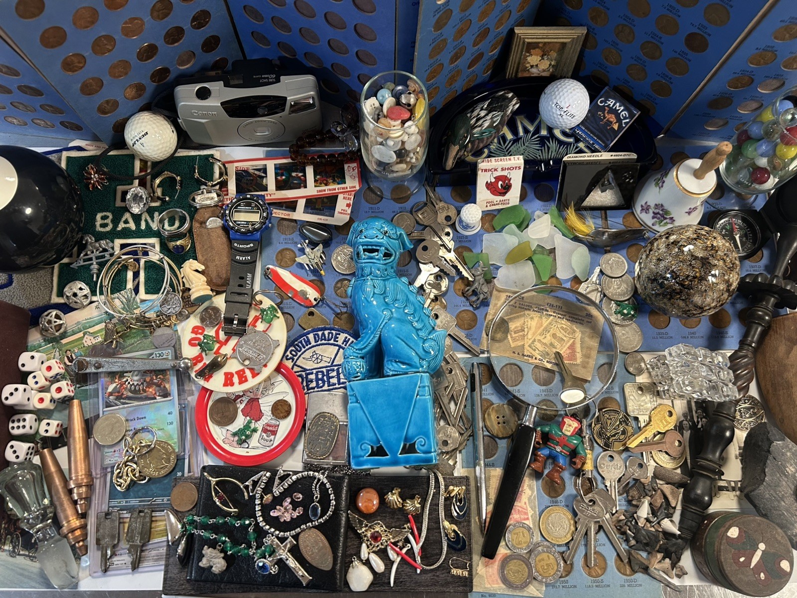 Vintage Junk drawer lot foo dog , jewelry, coins, + more read description