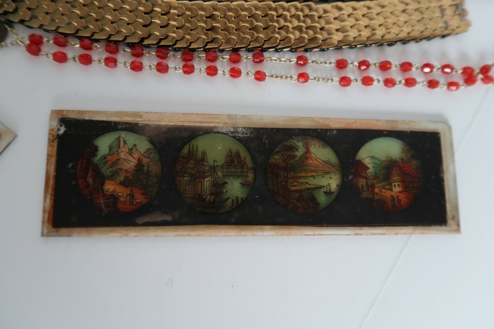 Junk Drawer Lot Belt, Rosary, Slides, Fan, Seth Thomas Clock, Vtg Ad Tins & More