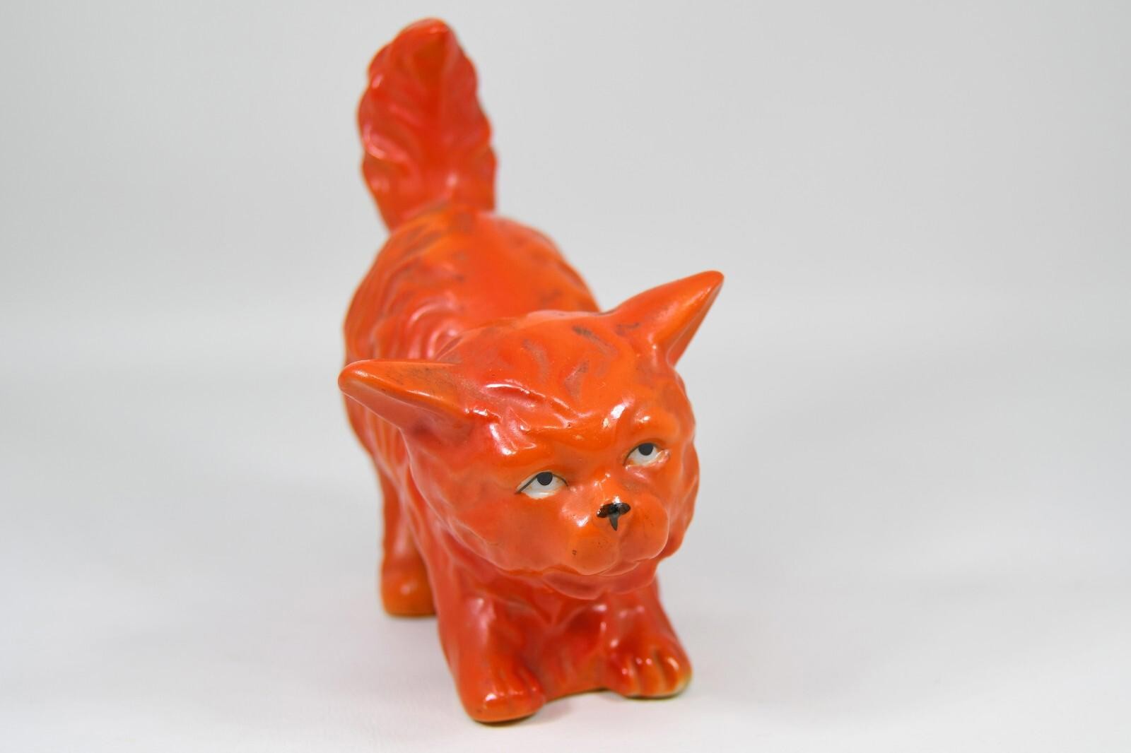 VTG Orange Cat Kitten Molded Long Curly Hair Ceramic Figurine Japan Halloween