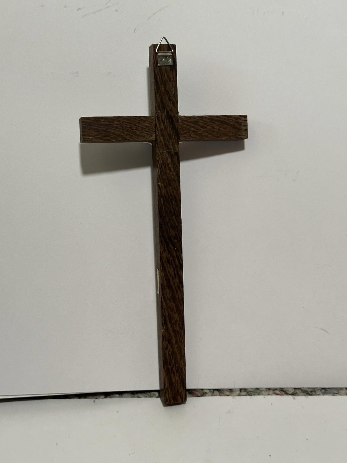 Vintage Wood Wall Crucifix Brushed Silver Tone Inlay, Metal Christ, Italy