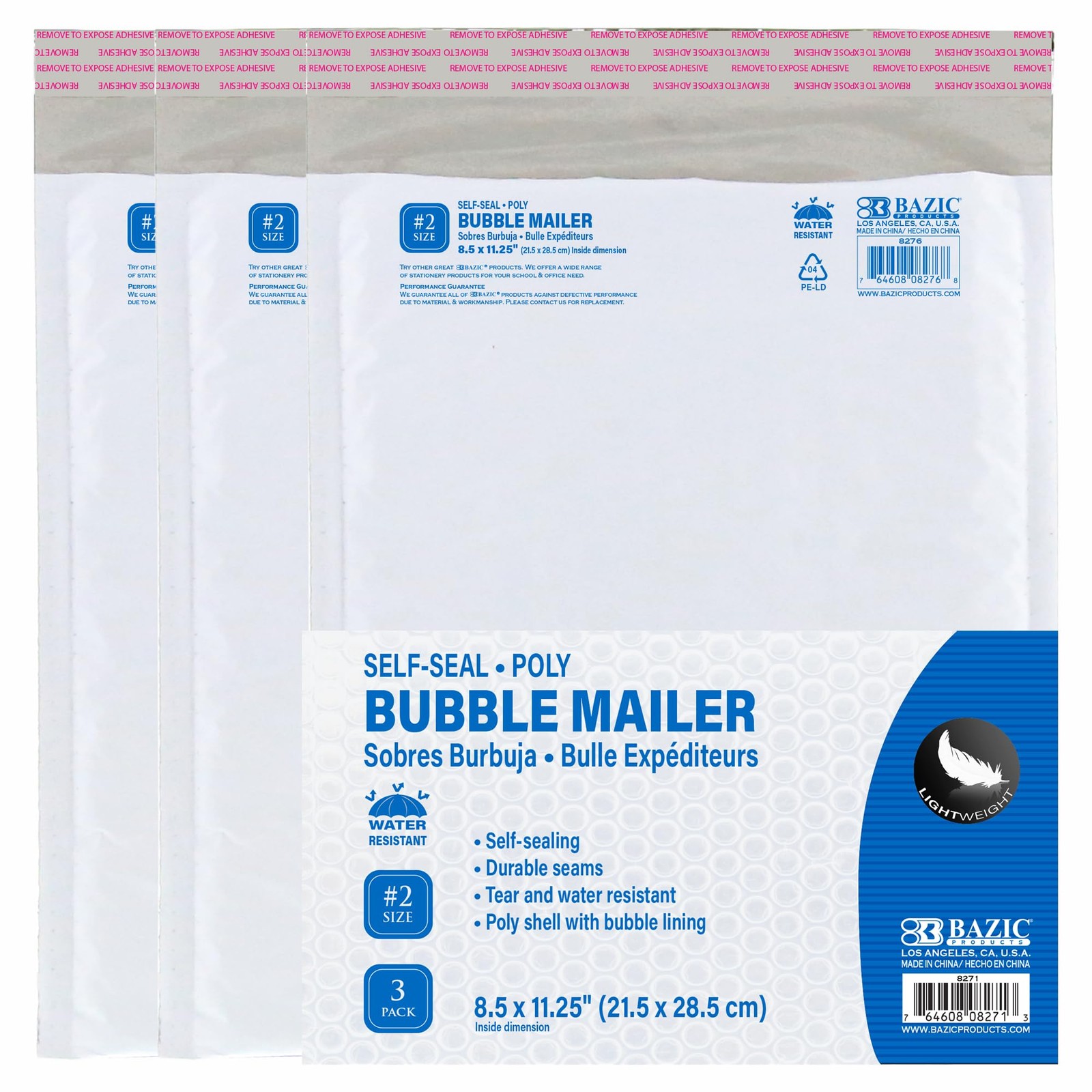 BAZIC Poly Bubble Mailers 8.5″x11.25″ #2 Padded Self-Seal Waterproof 3-Pack