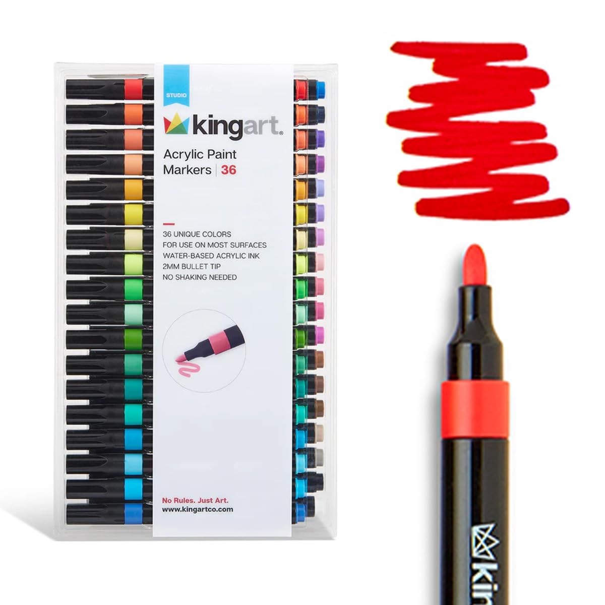 KINGART Acrylic Paint Markers (409-36), 36 Colors, 2mm Tip, Water-Based Ink