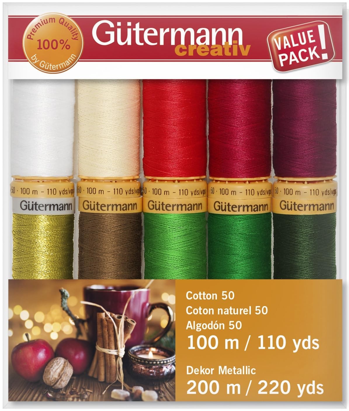 Gutermann Cotton 50 Holiday Thread Set 10 Spools Gold Metallic Collection
