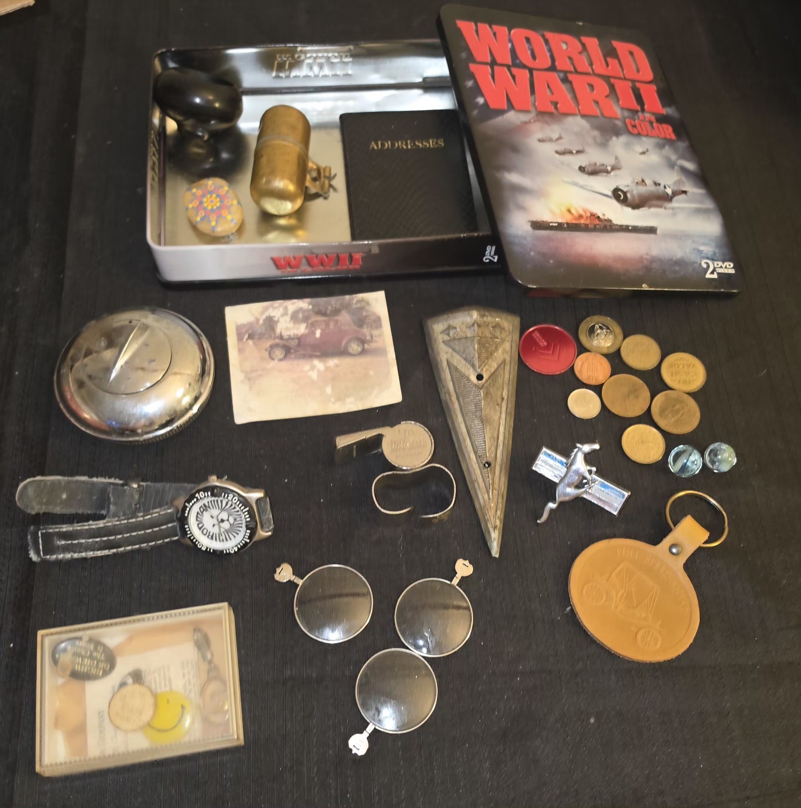 Vintage Junk Drawer Lot Estate CollectiblesWWII Tin Pince Nez Glasses Watch Coin
