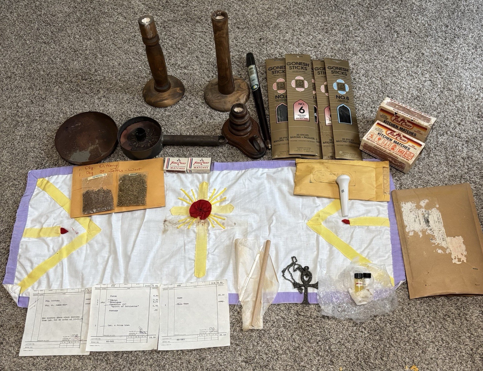 Vintage Rosicrucian Amorc home sanctum altar ritual kit cloth candlesticks etc.