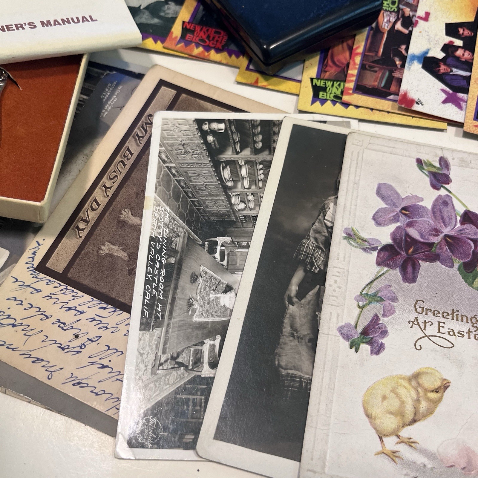 VTG Junk Drawer Lot Ephemera Postcards Man Cave Pins Tape Toys Can Gorillas