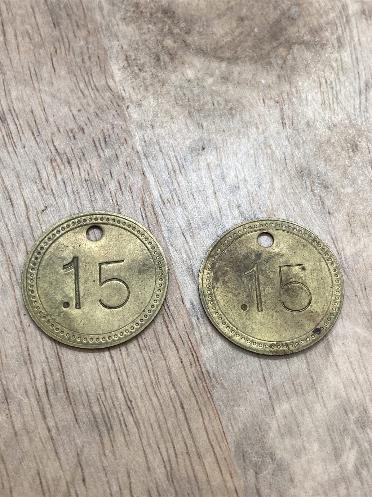 Four Fancy Brass Key 1-1/8” Numbered Round Tags- #15 Lot Of 2