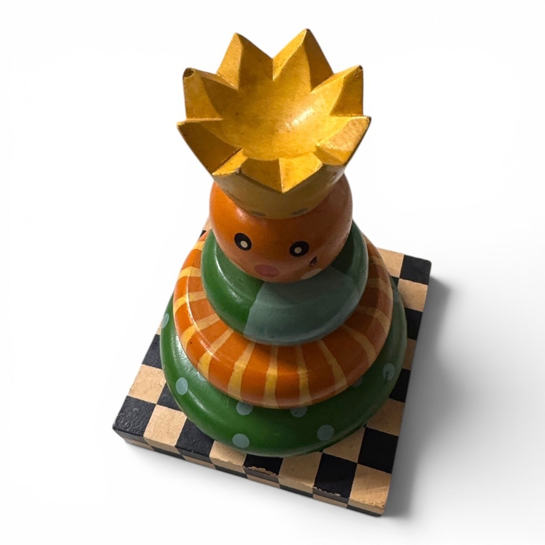 Wooden Stacking Toy King Crown Checkerboard Base McKenzie Childs Style Decor